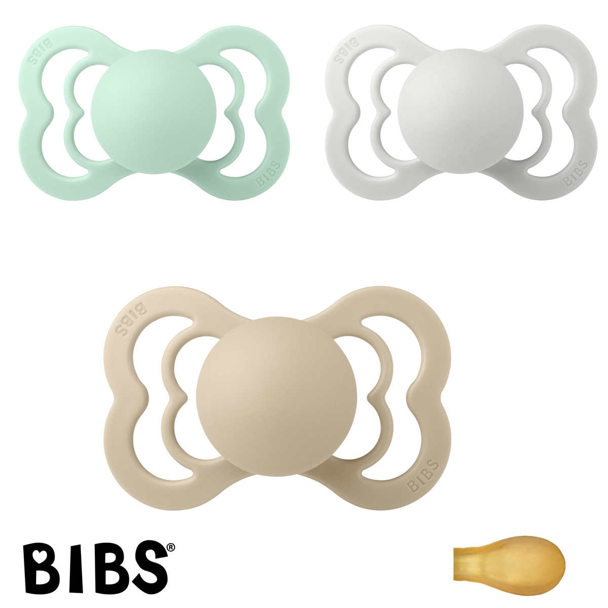 BIBS Supreme Sutter med navn str2, Vanilla, Nordic Mint, Haze, Symmetrisk Latex, Pakke med 3 sutter